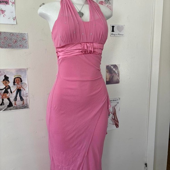Deb Y2K Pink Rhinestone Halter Mesh Maxi Dress — Fairycore / Prom / Princess - Picture 3 of 8